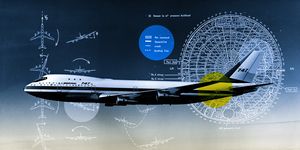boeing 747 in air with various interior technical schematics overlaid on image