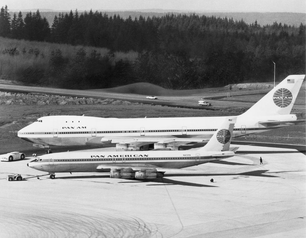 the first boeing 747 rolls off the production line with pan am markings and dwarves a pan am boeing 707 321b sitting in the foreground, everett, washington, march 5, 1969 photo by underwood archivesgetty images
