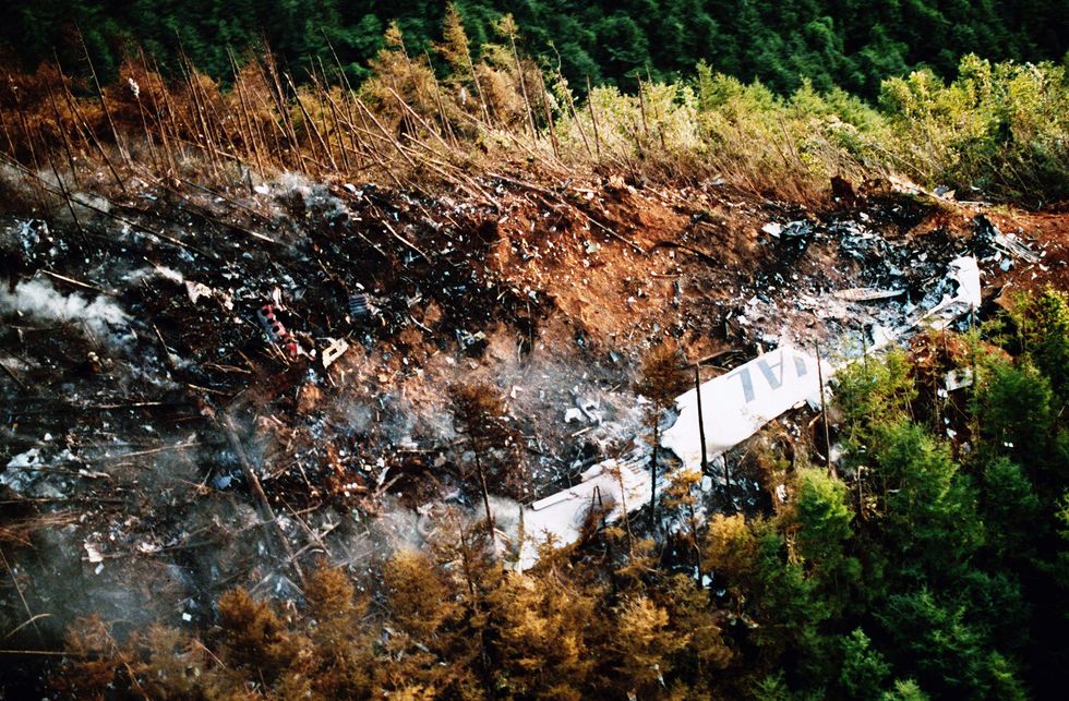 ueno, japan august 13 in this aerial image, a primary wing of jal 123 is seen at the ridge of mount osutaka on august 13, 1985 in ueno, gunma, japan japan airlines flight 123 from tokyo to osaka crashed into the ridge of mt osutaka, 520 passengers and crews were killed in the deadliest single aircraft accident, only four people survived photo by the asahi shimbun via getty images