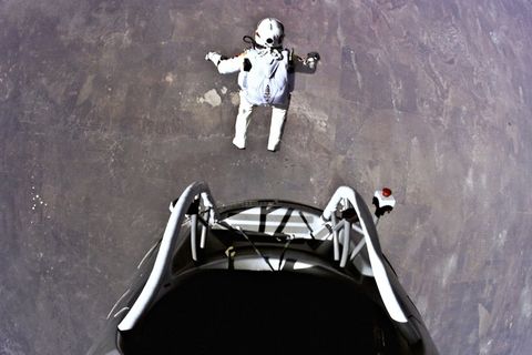 pilot felix baumgartner of austria jumps out from the capsule during the final manned flight for red bull stratos in roswell, new mexico, usa on october 14, 2012 