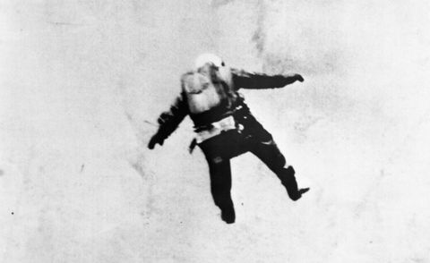 air force captain joseph w kittenger, jr is photographed by a fixed camera as he plummets through the air for a delayed parachute jump from 76,400 feet over new mexico captain kittenger fell for three minutes before his parachute opened automatically at 10,000 feet above the ground the jump was made november 16th feet above the ground