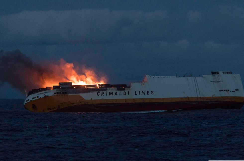 2deba11 hand out photo   the fire stricken italian ship, mv grande america, owned by the grimaldi group, has sunk in the bay of biscay in water depth of 4,600 meters off the coast of france according to frances marine nationale, the ship, a container roro carrier, sank on tuesday march 12, 2019, at 1526 local time about 180 nautical miles off the french coast fire broke out on the grande america on sunday night as the ship was underway in the bay of biscay during a voyage from hamburg, germany to casablanca, morocco the fire was primarily located in cargo containers in the forward portion of the s