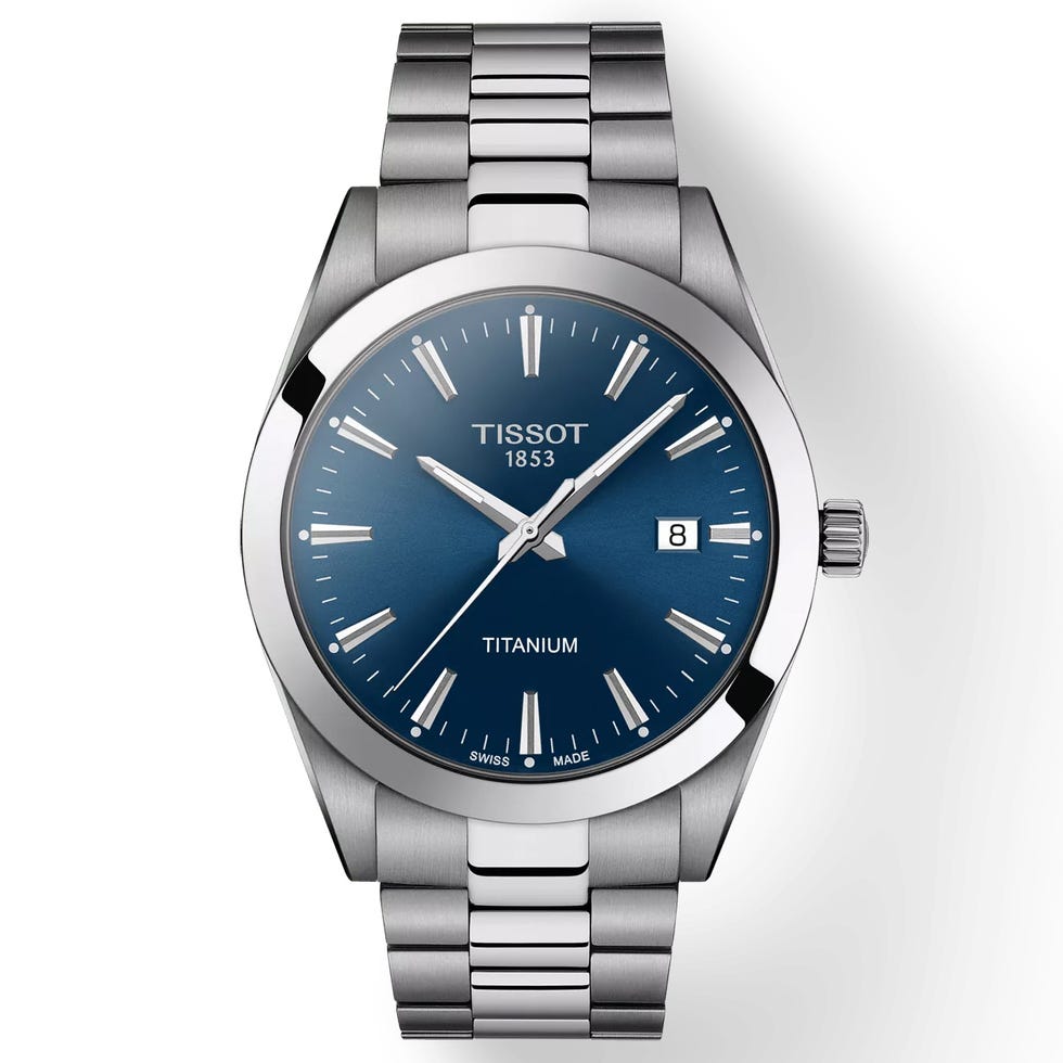 titanium wristwatch with a blue dial and stainless steel band