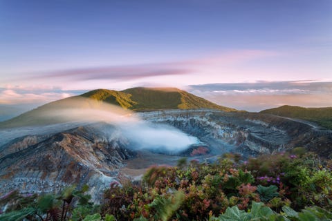 poas volcano crater at sunset, costa rica