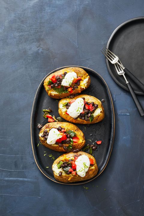 air fryer poblano and black beans in a baked potato