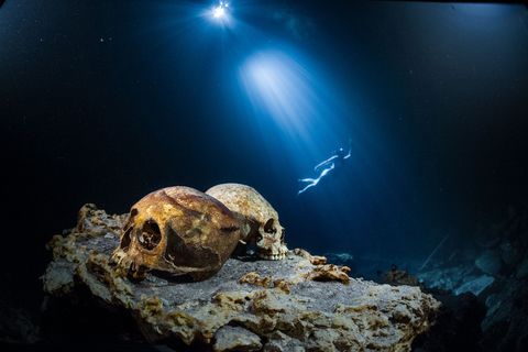 Een snorkelende toerist drijft in een cenote genaamd Las Calaveras  de schedels in de buurt van Tulum Mexico Lokale Mayas haalden hier hun drinkwater tot ongeveer 40 jaar geleden toen duikers botten vonden Archeologen hebben de overblijfselen van meer dan honderd mensen genoteerd meestal verhuld door het duistere water