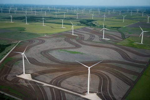 Een luchtfoto toont het enorme Horse Hollow Wind Energie Center in Texas Toen het in 2006 werd voltooid was dit het grootste windpark ter wereld
