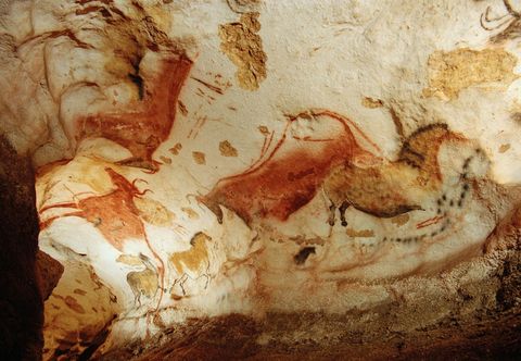 Prehistorische kunst siert de muren van de grot van Lascaux in het zuidwesten van Frankrijk Hoewel de grot pas werd ontdekt in 1940 toen de hond van een jongen in een gat viel is de grotkunst al minstend 17000 jaar oud