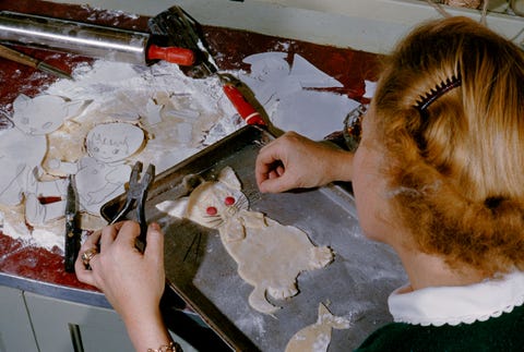 The December 1955 issue featured a personal essay by Louise Parker La Gorce detailing her Christmas tradition of baking dozens of cookies with which to decorate the familys tree Here she uses hairpins to create whiskers on a cookie cat