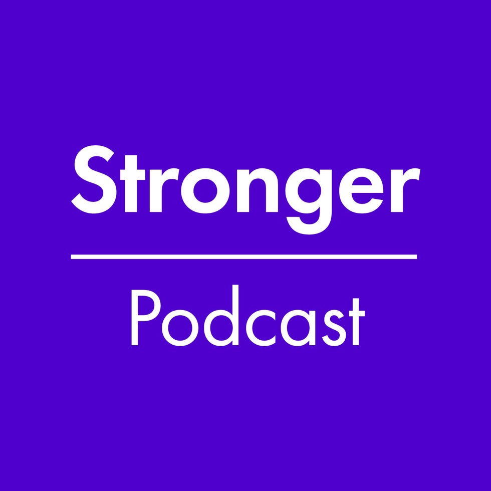 stronger podcast in white on purple background