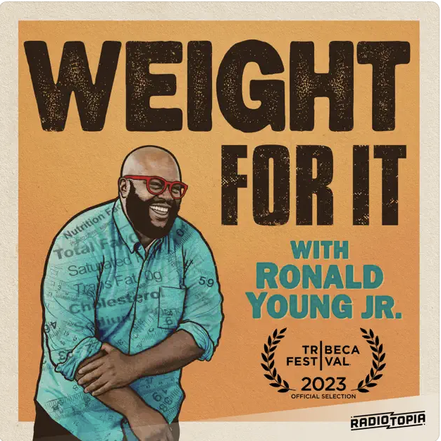 a person wearing glasses in the weight for it podcast logo