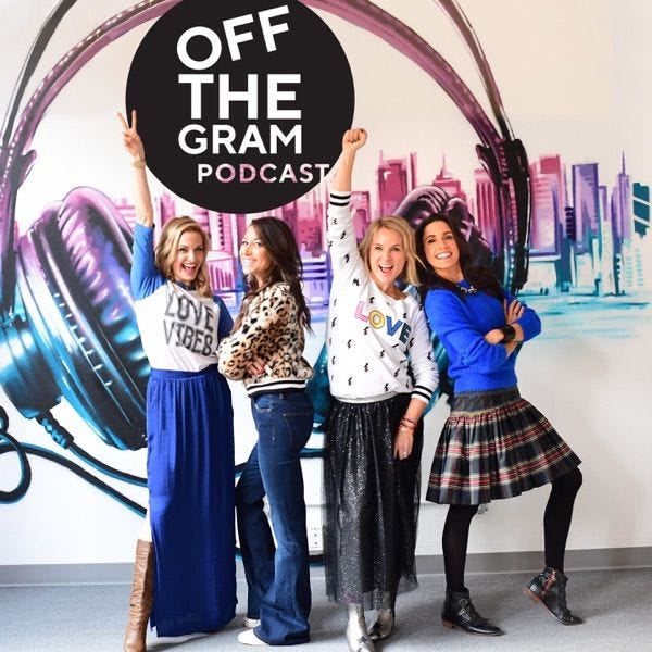the hosts of the off the gram podcast standing in front of their logo