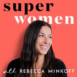 rebecca minkoff on a red background with superwomen superimposed