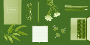 writing supplies on green background