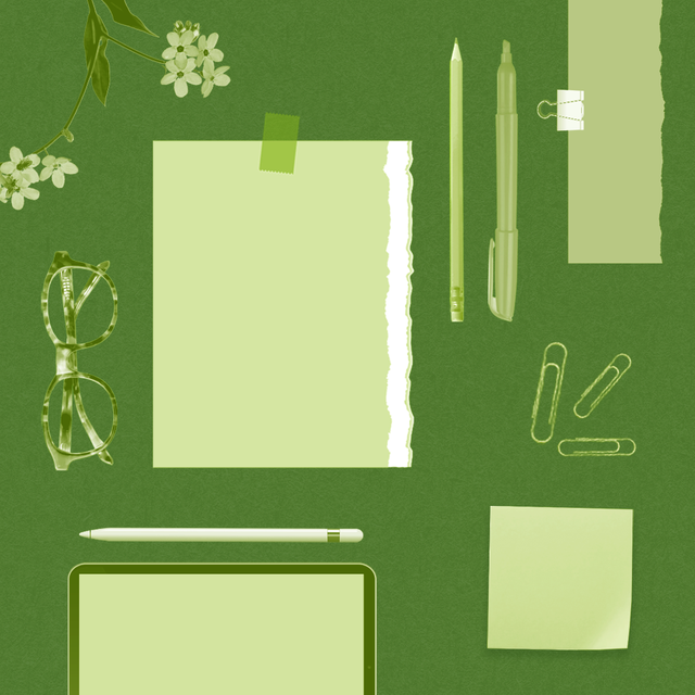 writing supplies on green background for poem