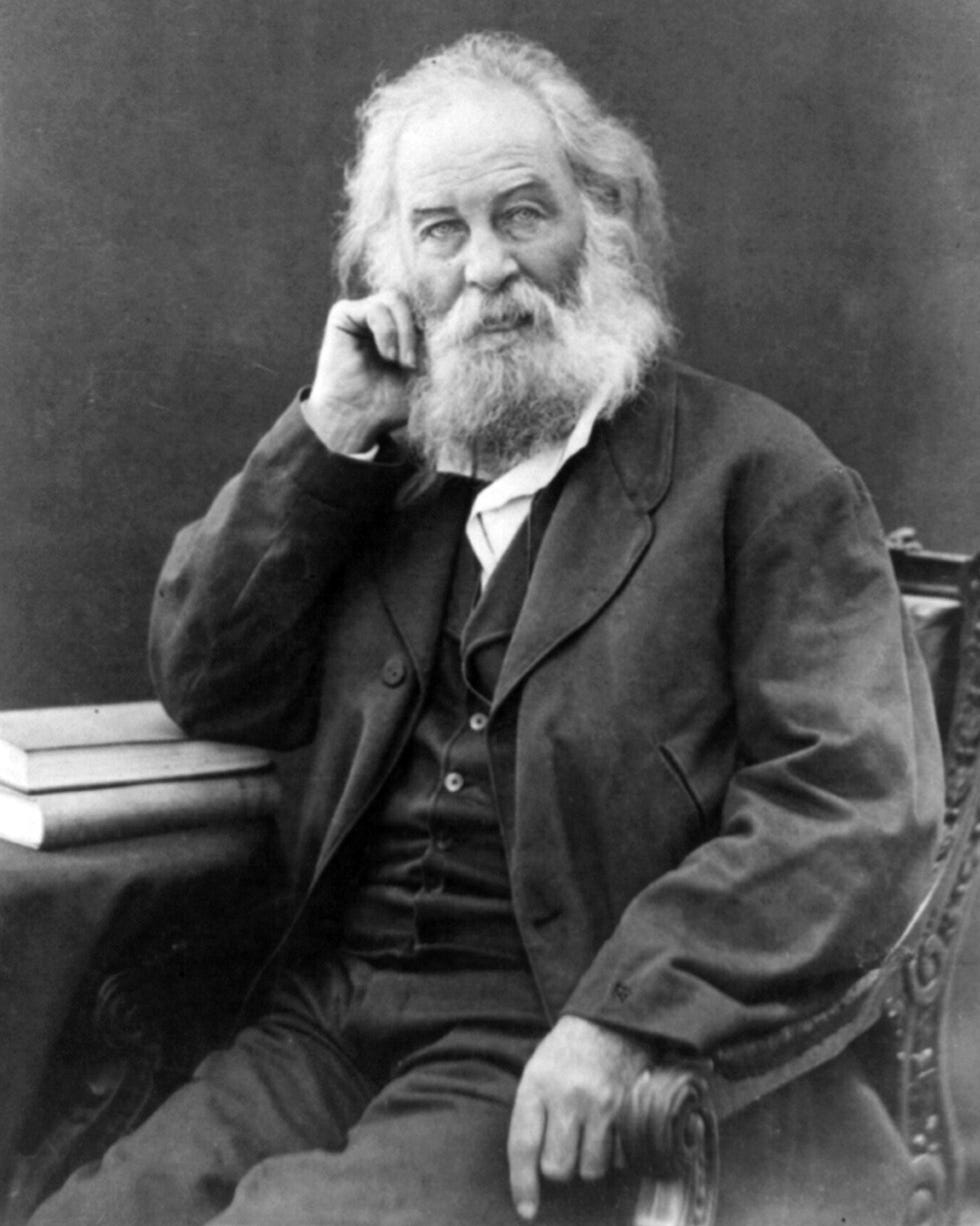 American poet Walt Whitman is known for works like 'I Sing the Body Electric' and 'O Captain! My Captain!' walt whitman sitting in a chair and blancing his head on his right hand