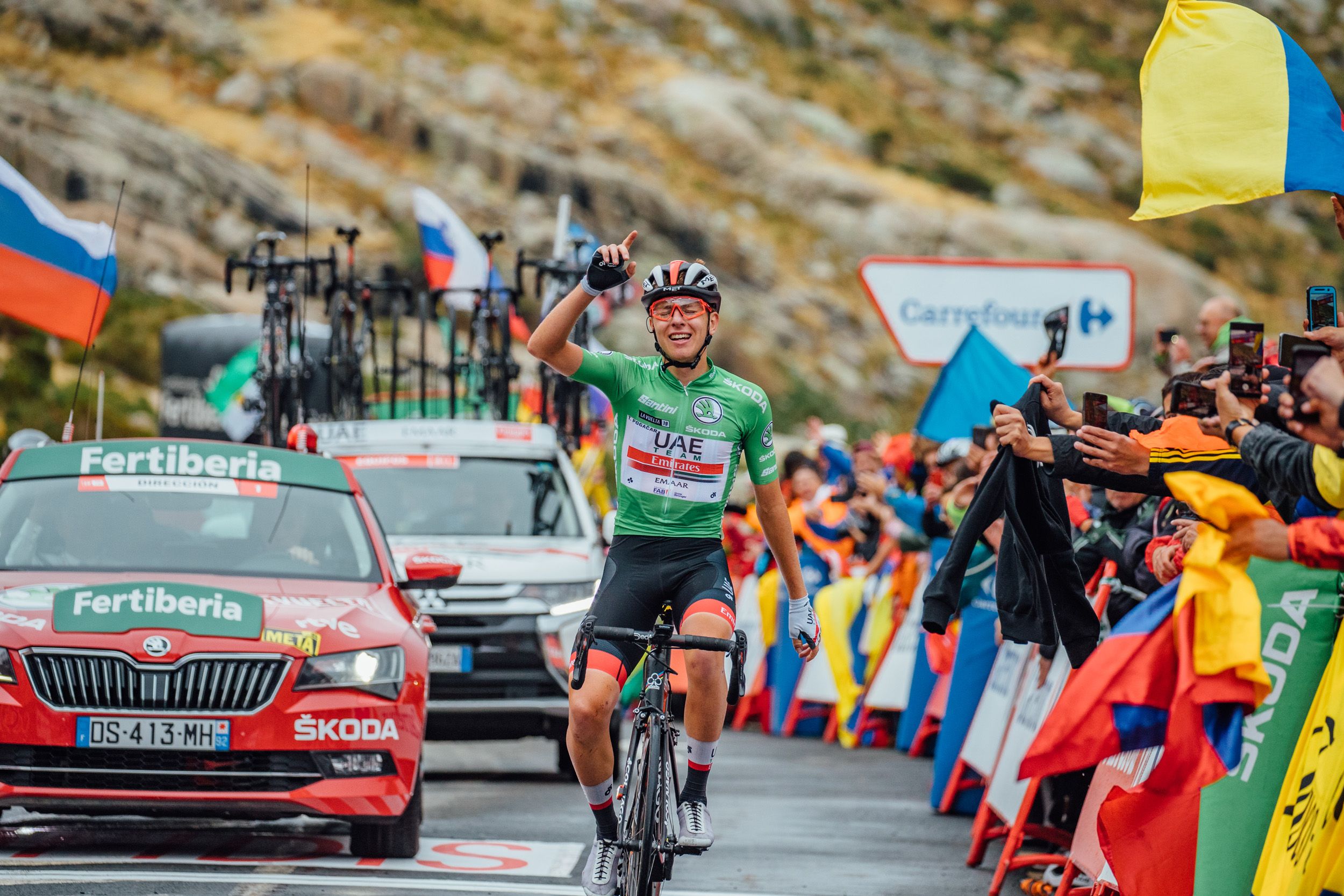 Pogačar celebrates winning stage 20 of the 2019 Vuelta. At 20, he was the youngest rider in the race.