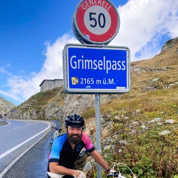 the writer with his kestral posing for a photo on grimselpass