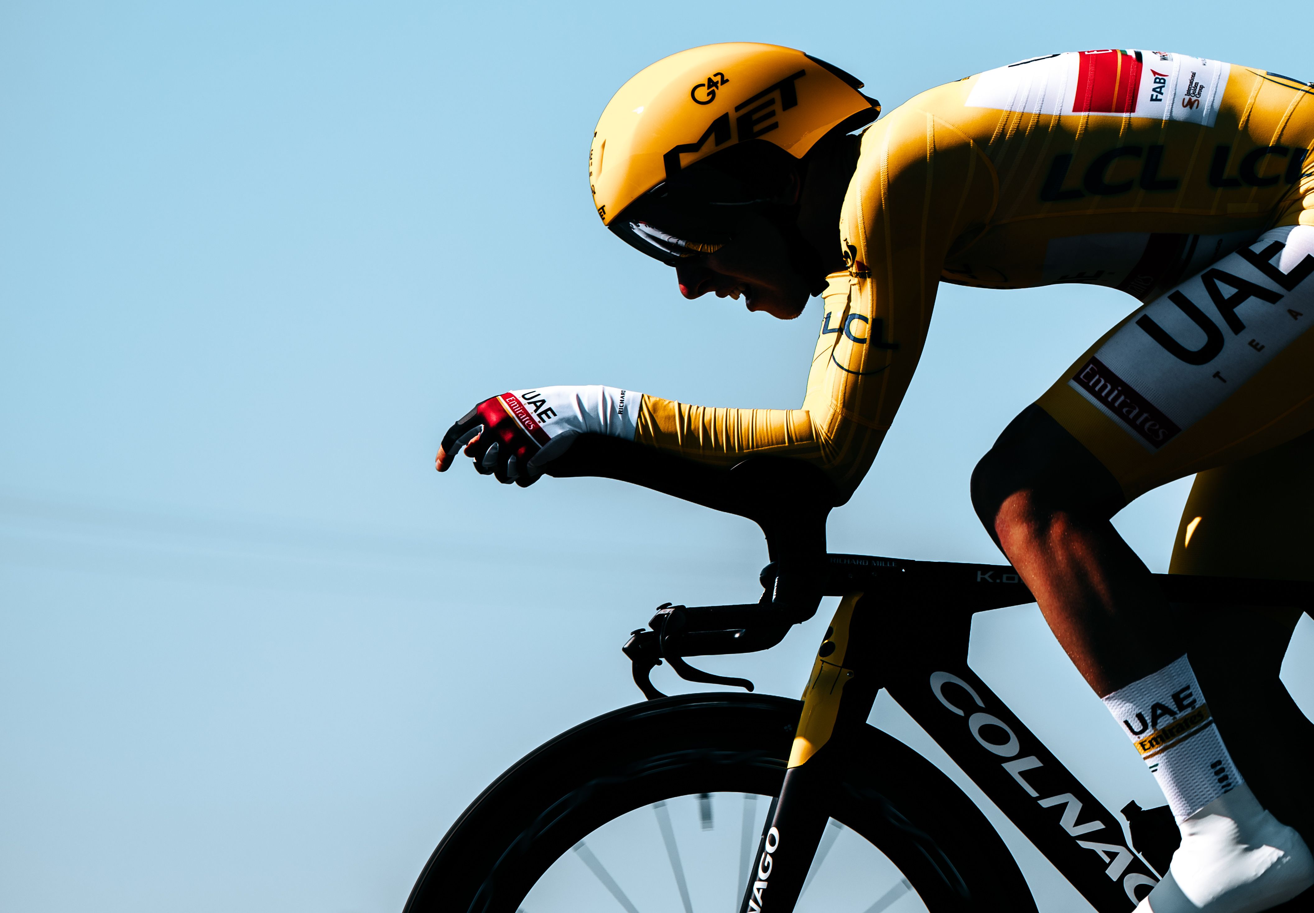 Pogačar in the yellow jersey during the 2021 Tour de France Stage 20 time trial.