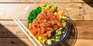 poke bowl with salmon, directly above view