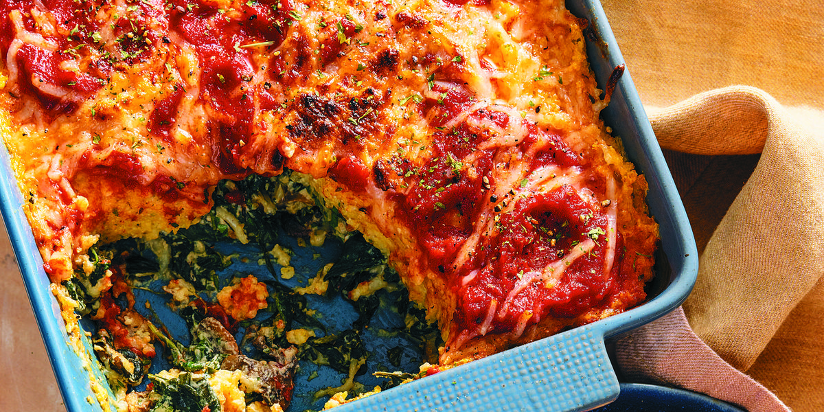 Make this polenta bake with a creamy mushroom and chili-spiked tomato sauce tonight