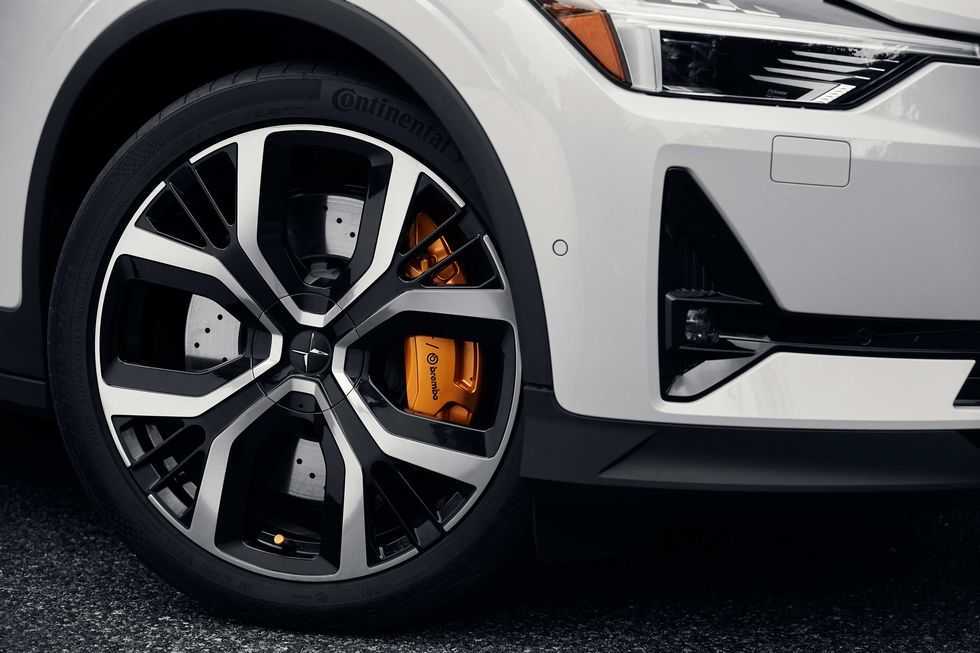 detail of the brake and wheel of the polestar 2 electric performance car