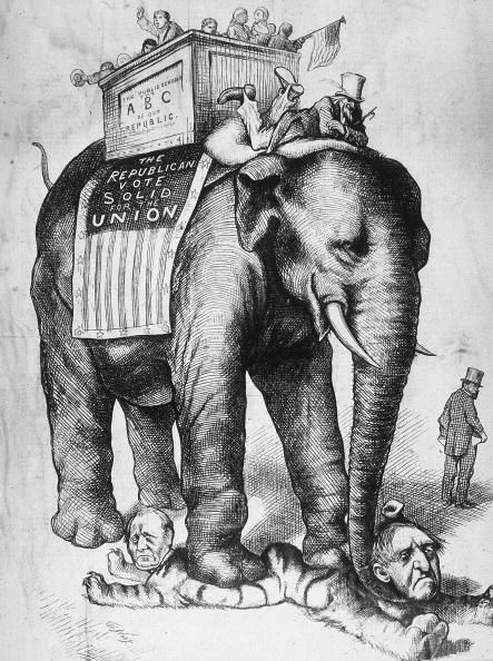republican elephant walking over democratic tiger