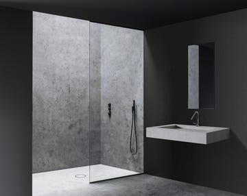 corner of stylish bathroom with gray walls, concrete floor, double sink with mirrors, bathtub and shower stall 3d rendering