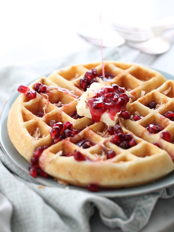 coconut waffles with pomegranate syrup