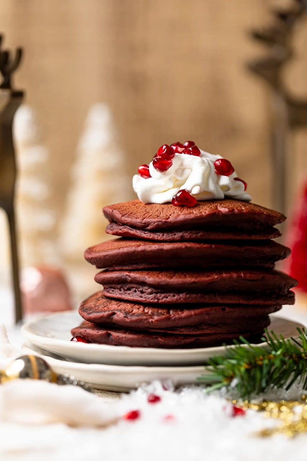 red velvet pancakes with pomegranate