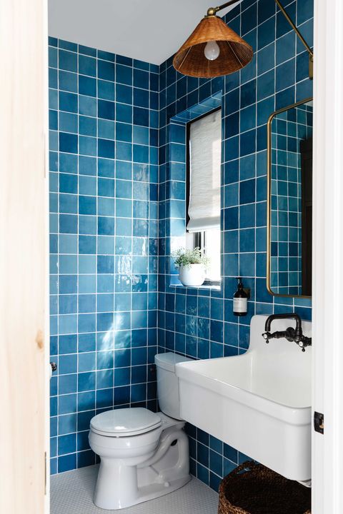 bathroom, blue tiles, white bathroom sink