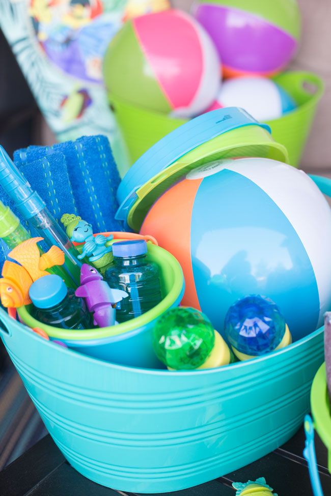 pool accessories and toys bucket with beach balls, bubbles, buckets and water guns