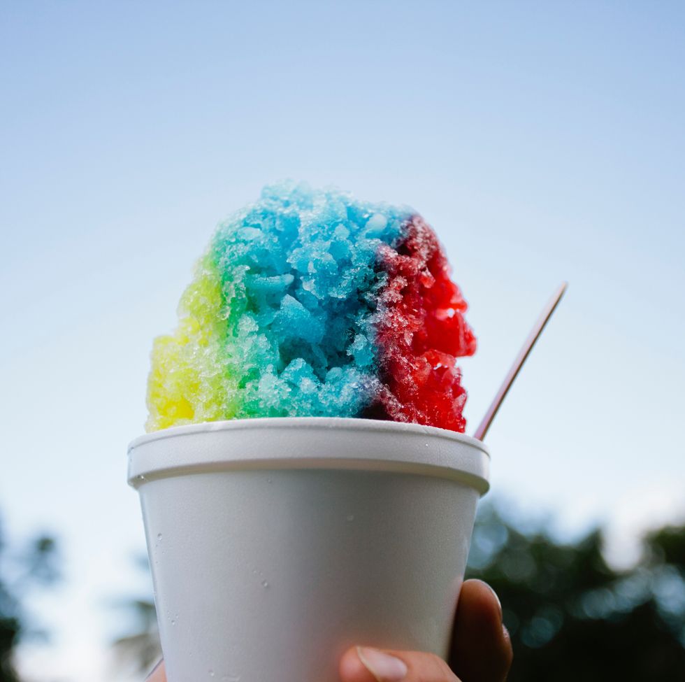 close up of a hand holding a colorful snow cone
