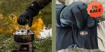 gloves designed for outdoor activities displayed with a stove and a promo tag