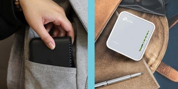 portable wireless router and a hand placing a device into a pocket