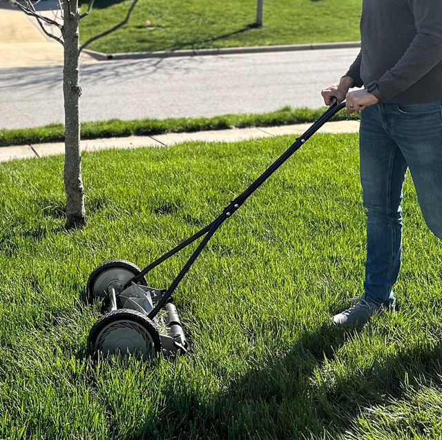 a person pushing a lawn mower