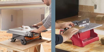 two tile saws in use one stationary and one portable