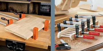 clamps securing wooden pieces on a workbench used for woodworking projects