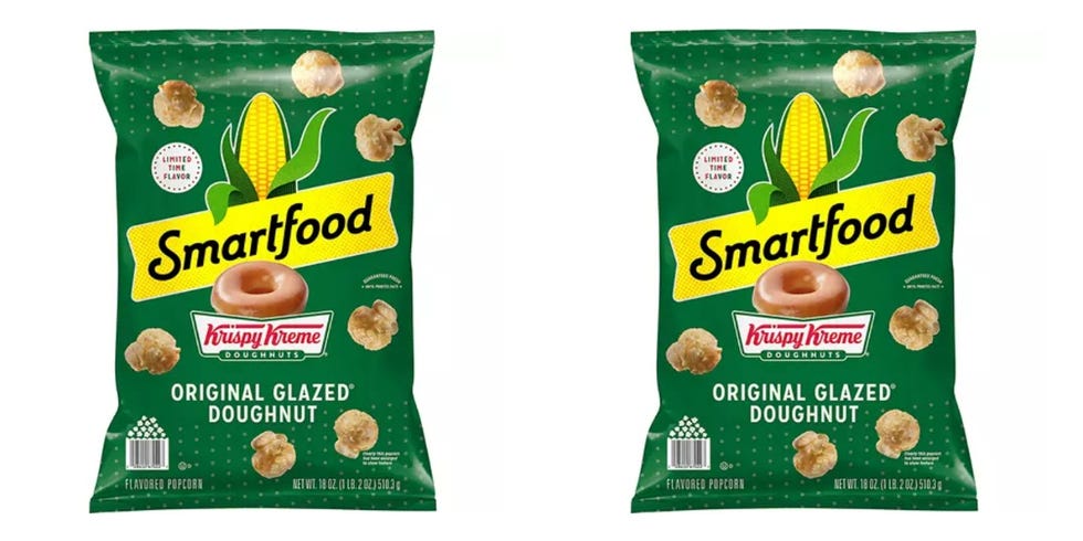 green bag of popcorn that tastes like a krispy kreme donut