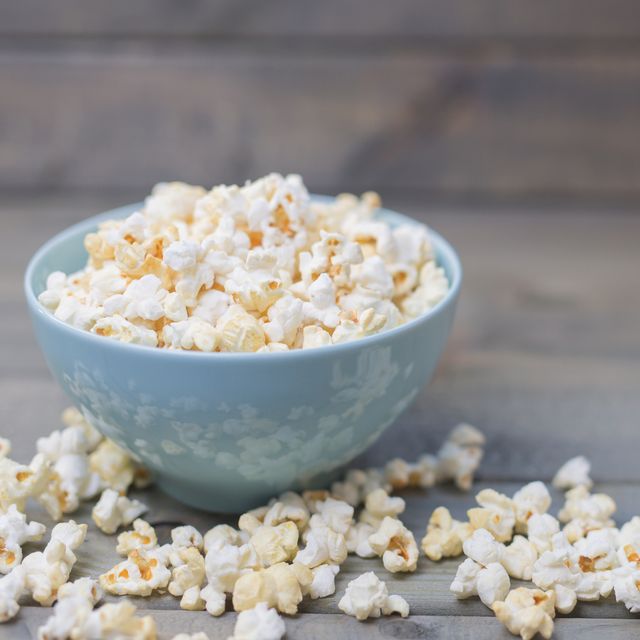 Popcorn in a pastel blue bowl