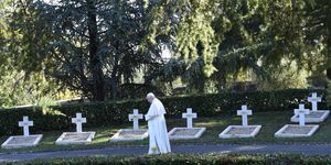 pope francis visits the french military cemetery and celebrates holy mass on the occasion of the commemoration of all the faithful departed rome italy, november 2nd, 2021