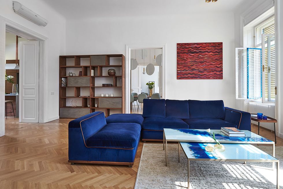 Living room, Furniture, Room, Interior design, Property, Building, Floor, Blue, Couch, House, 