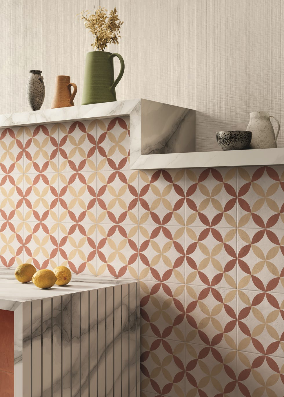 geometric print kitchen wall tiles with an angular shelf above