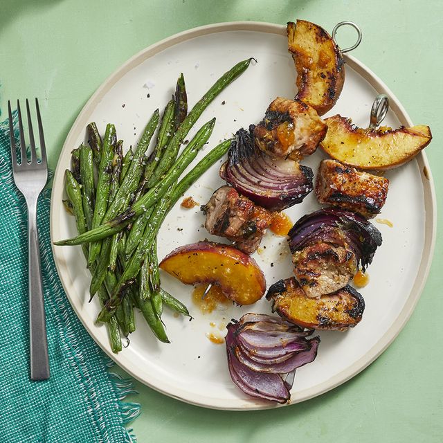 pork and peach kebabs with grilled green beans recipe