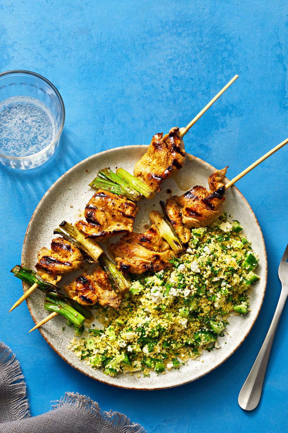 pork and scallion kebabs with herbed couscous