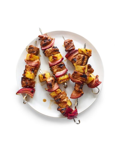 pork, pineapple, and red onion kebabs