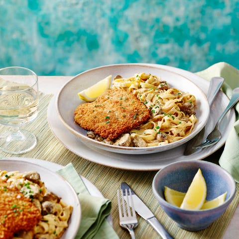 pork schnitzel on stroganoff noodles
