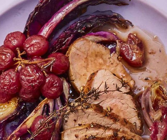 Pork Tenderloin with Roasted Red Grapes and Cabbage