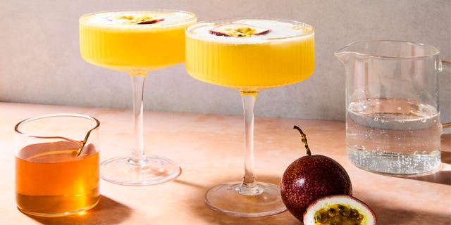 passionfruit mocktail topped with passionfruit half