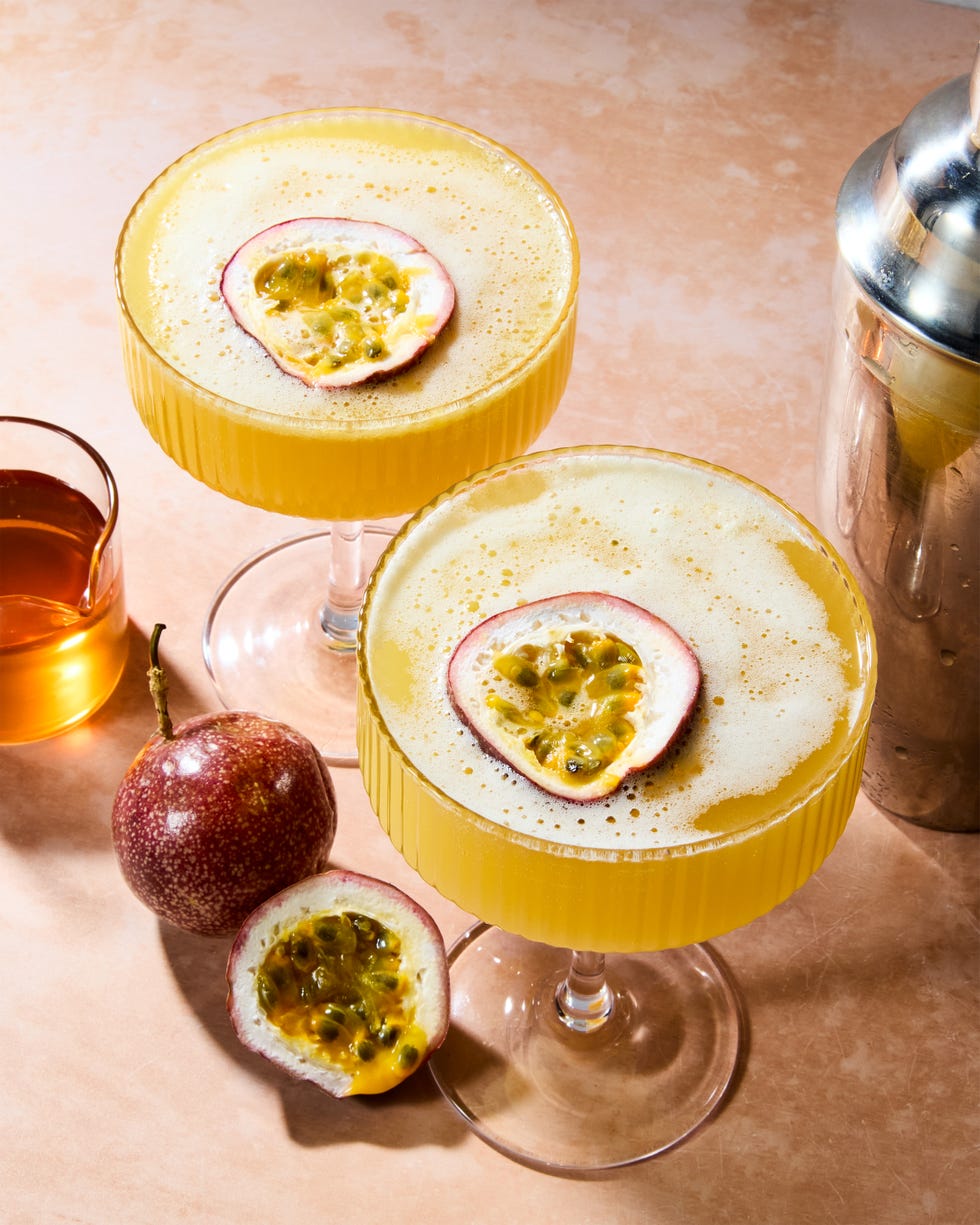 passionfruit mocktail topped with passionfruit half